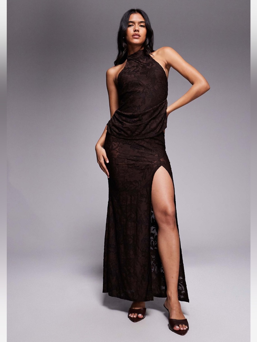 ASOS DESIGN devore lace halterneck maxi dress with ruching in chocolate